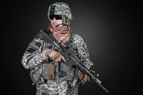 Photos Soldier Assault Rifle Uniform Glasses Gray Background Army