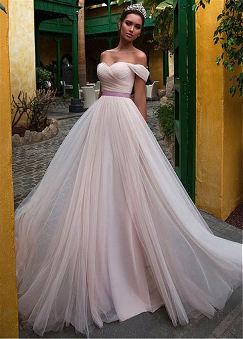 Elegant Tulle Off The Shoulder Neckline A Line Wedding Dress With Belt