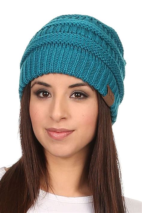 Womens Solid Colored Knitted Warm Plush Beanie Cap Teal