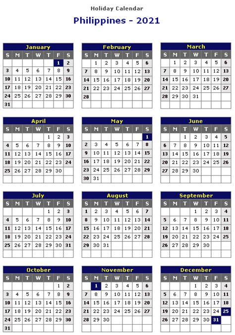 Free Philippine Calendar 2021 With Holidays Schedule