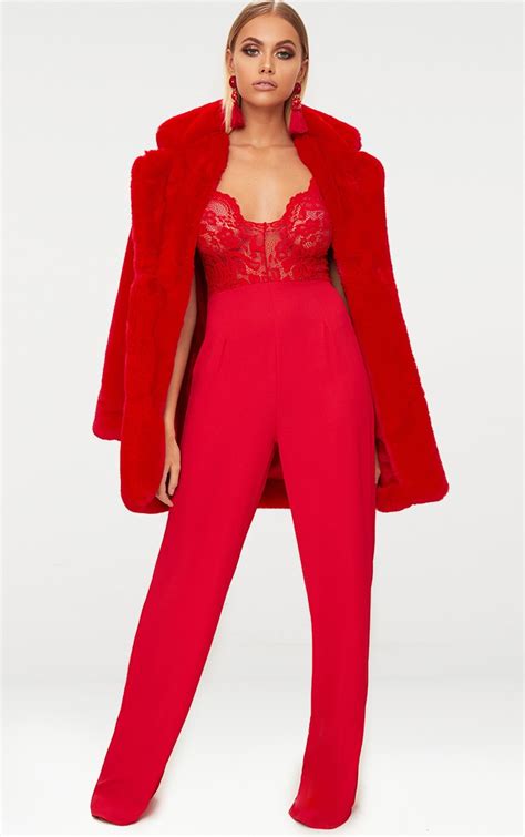 red lace wide leg jumpsuit prettylittlething usa