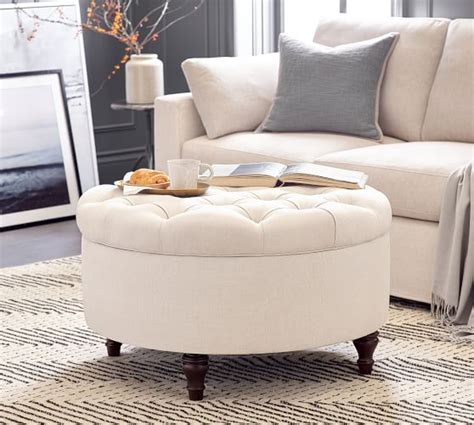 Browse a large selection of ottoman furniture and footstool ideas, including round, leather and tufted styles, as well as functional cocktail ottomans. Lorraine Tufted Round Storage Ottoman | Pottery Barn