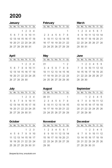 Month At A Glance Printable Calendar 2021