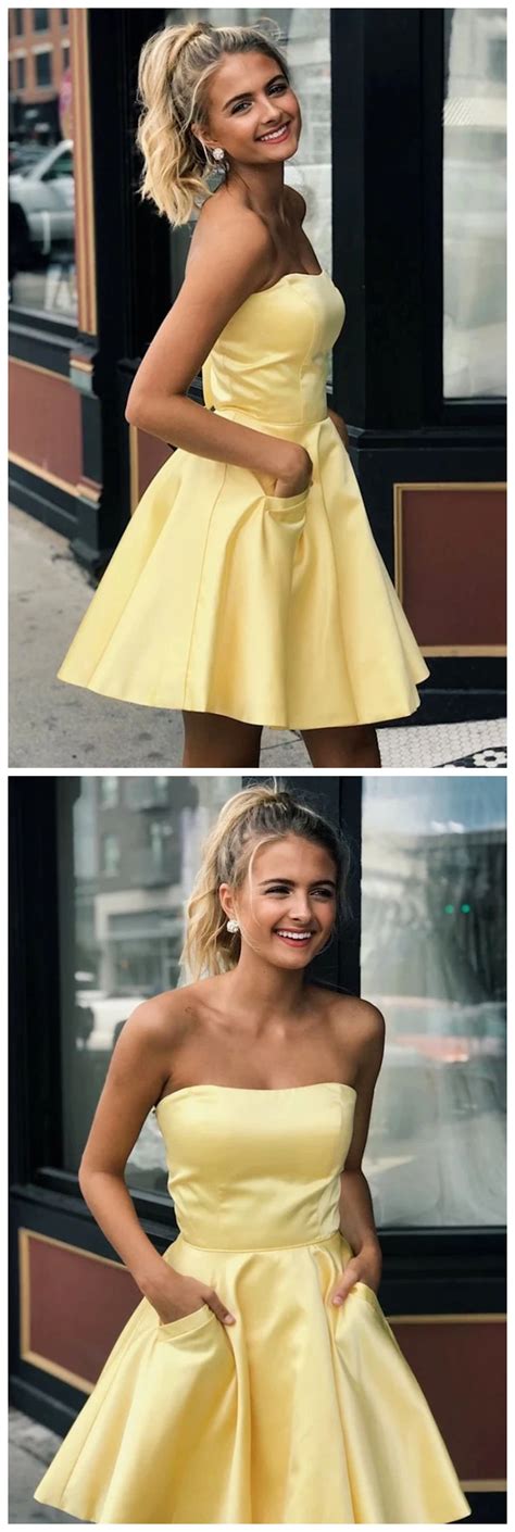 Yellow Satin Strapless Short Prom Dresses With Pockets Simple