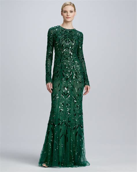 Lyst Monique Lhuillier Beaded Embroidered Long Sleeve Gown In Green