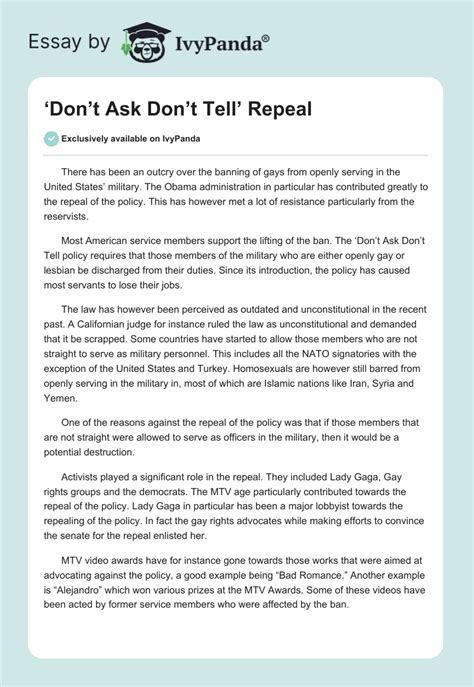 Dont Ask Dont Tell Repeal 921 Words Essay Example