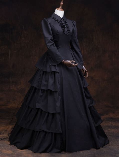 Victorian Dress Costume Womens Black Ruffles Masquerade Ball Gowns