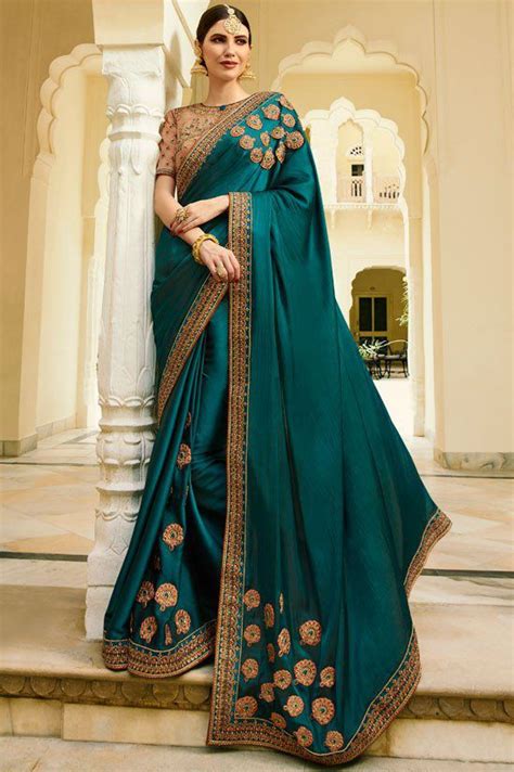 Buy Teal Color Barfi Silk Saree Indian Wedding Saree Double Blouse In