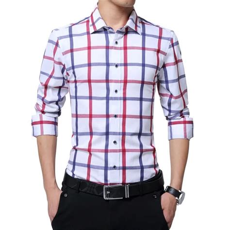 Brand New Mens Casual Cotton Plaid Shirt Men Long Sleeve Red And White