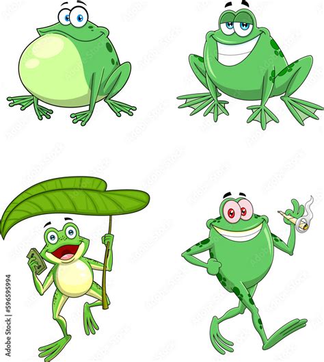 Green Frog Cartoon Characters Vector Hand Drawn Collection Set