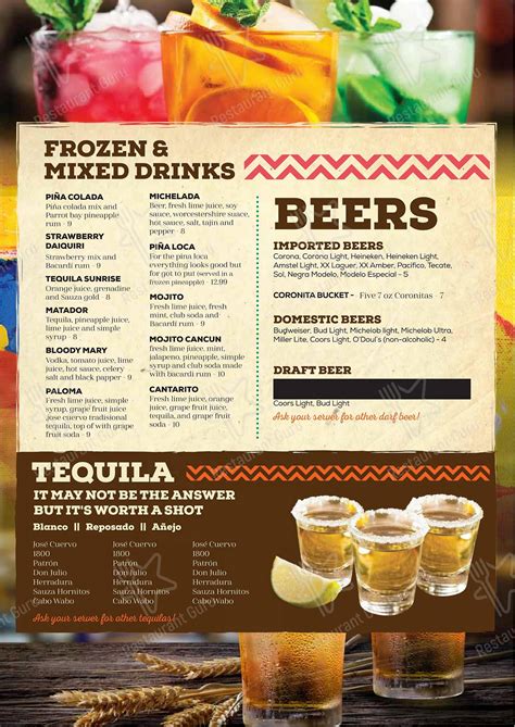 Menu at Margaritas Mexican Cantina restaurant, Syracuse