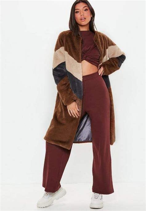 Missguided Brown Faux Fur Longline Colour Block Coat Color Block