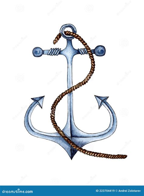 Watercolor Illustration Of A Vintage Nautical Anchor With A Rope Stock