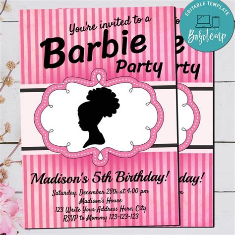 editable black barbie invitations afro puff silhouette invite diy createpartylabels