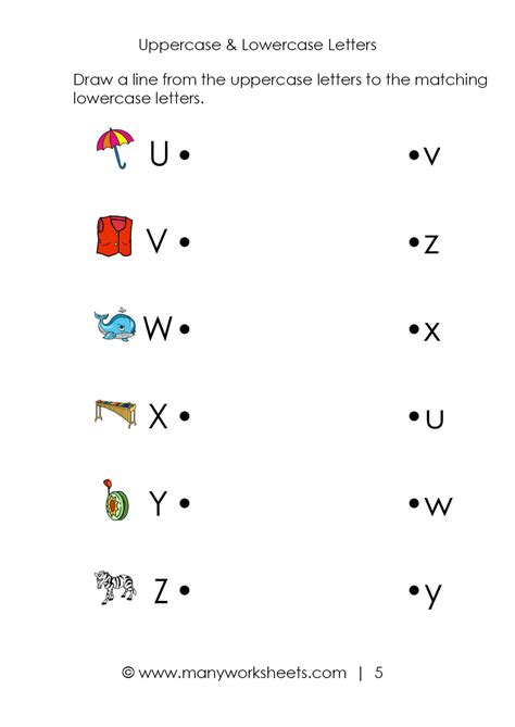 Students must match upper case letters to their lower case equivalent letters. Matching uppercase and lowercase worksheet #5