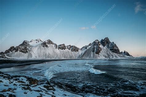 Icy Beach And Mountains Hofn Iceland Stock Image F0160616