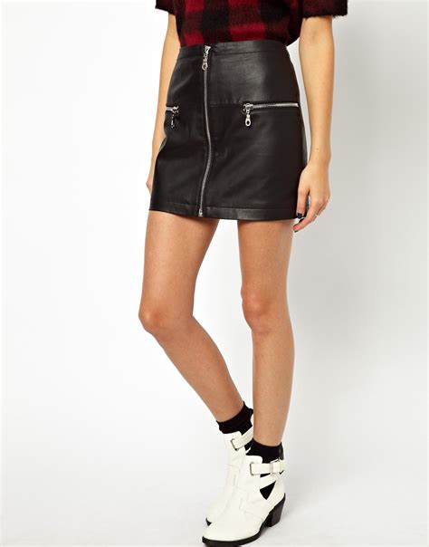 Asos Asos Mini Skirt In Leather With Zips At Asos