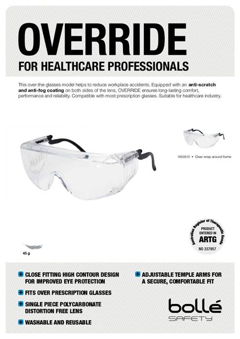 Bolle Override Over Glasses Safety Glasses 1650515 Otg Cover Specs