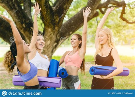 Outdoor Yoga Class Group Of Young Healthy Women Teen Happy Greeting