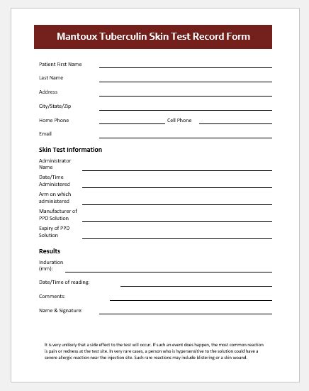 Tb Skin Test Record Form Template For Word Download Sample
