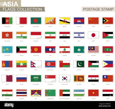 Postage Stamp With Asia Flags Set Of 48 Asian Flag Vector