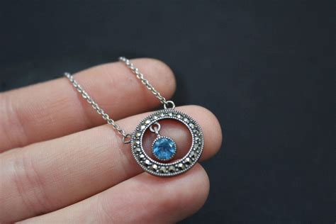 Sterling Silver Blue Gemstone Marcasite Circle Necklace Etsy