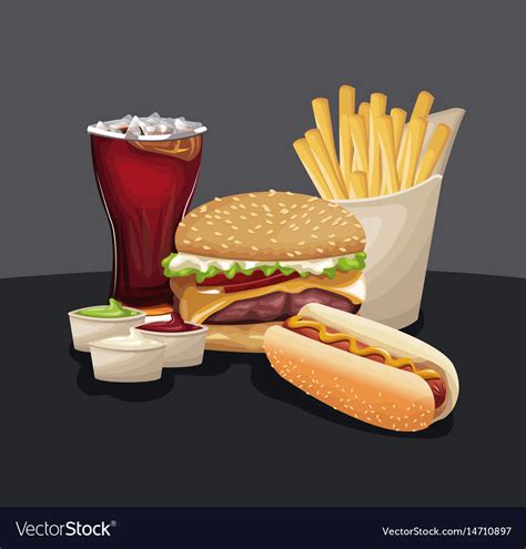Burger Hot Dog French Fries Soda Sauces Fast Food Vector Image