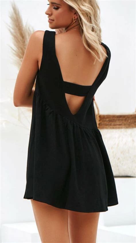 Black Backless Linen Shift Dress Linen Shift Dress Pleated Mini