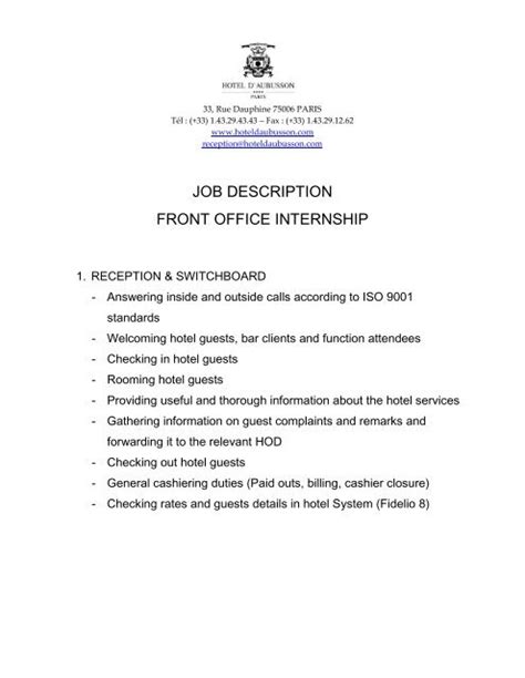Job Description Front Office Internship
