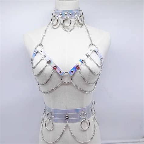 Fashion Sexy Harajuku Handmade Laser Holographic Choker Harness Punk Collar Belt Necklace Bra