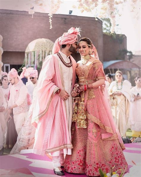 Powder Pink And Blush Pink Bridal And Groom Wedding Dress Combination