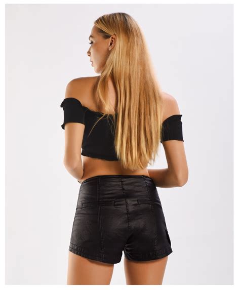 Sexy Mid Rise Pu Leather Shorts Black Denimuse