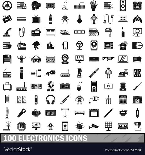 100 Electronics Icons Set Simple Style Royalty Free Vector
