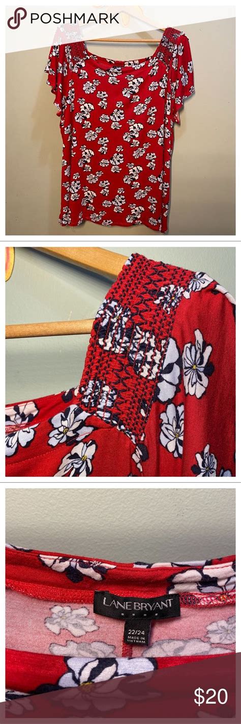 Lane Bryant Red Flowered Top With Smocking Chic Sweaters Flower Tops