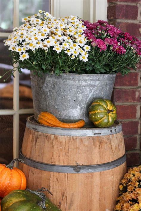 Whiskey Barrel And Galvanized Bucket Planter Full Of Pumpkins And Mums Fall Decorations Porch