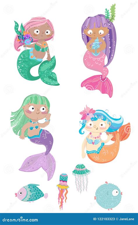 Cartoon Colorful Mermaids Set With Fish And Jellyfish Stock Vector