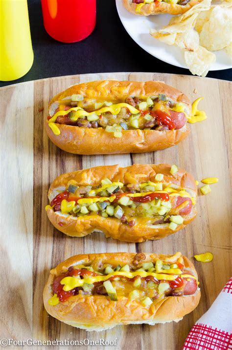 Toppings/fillings include nachos, cajun cole slaw, and spicy beaked beans. Mom's loaded baked hot dogs - Four Generations One Roof