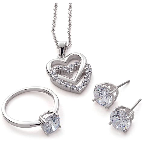Rhodium Plated Cz Earring Pendant And Ring Wardrobe Set