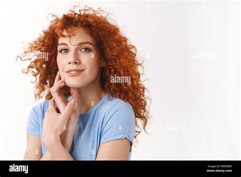 Close Up Beautiful Tender Redhead Woman With Blue Eyes Standing White