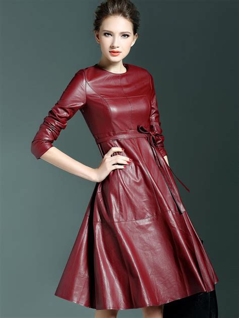 Shop Win Red Round Neck Long Sleeve Tie Waist Leather Dress Online