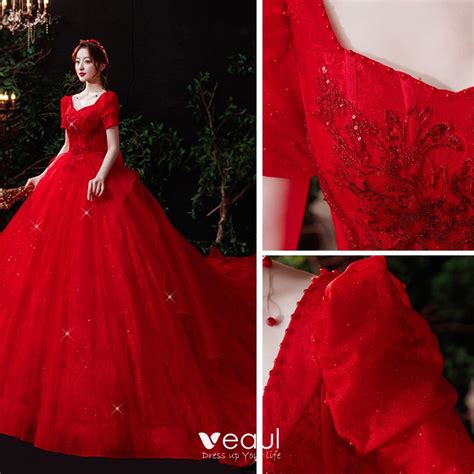 Vintage / Retro Red Bridal Wedding Dresses 2021 Ball Gown ...