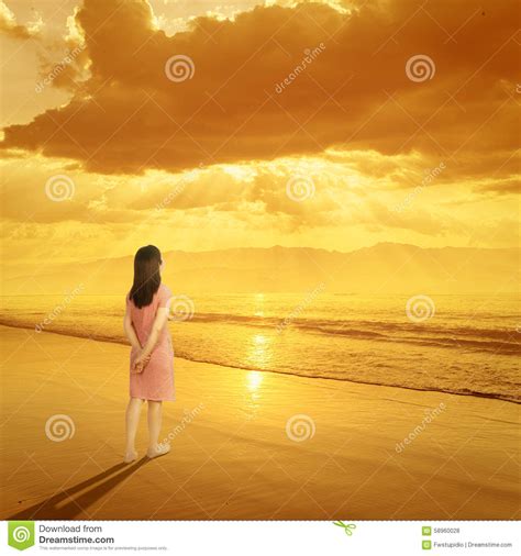 Relax Woman Standing On Beach Sunset And Mountain Stock Photo Image
