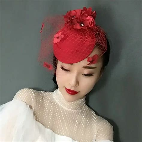 Traditional Chinese Red Petals Veil Hat Vintage Net Fedora Hat Hair