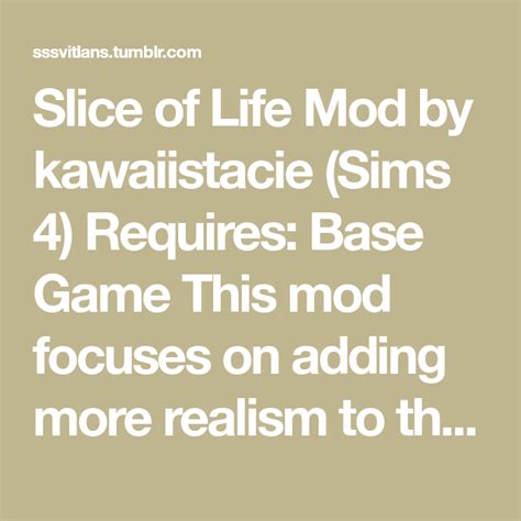 Personalities are implemented through traits and are randomized based on. Slice of Life Mod by kawaiistacie (Sims 4) Requires: Base ...