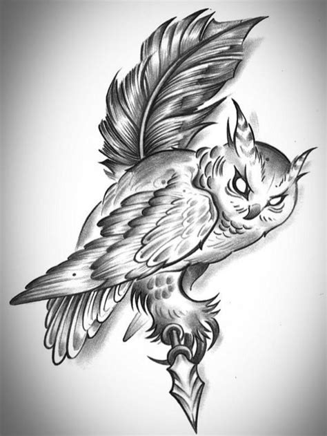 White Evil Eyed Owl Sitting On Feather Tattoo Design Tattooimagesbiz