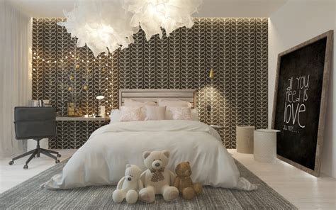 Stylish Girls Room With A Patterned Headboard Wall Digsdigs