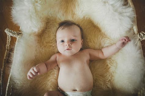 Cute Naked Baby Girl Lying On Sheepskin Blanket In Basket Del Sexiz Pix
