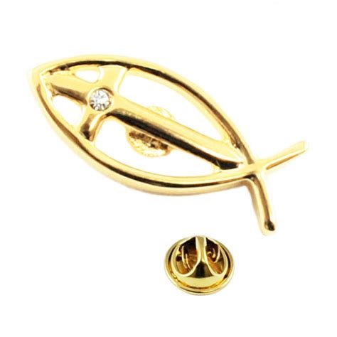 Gold Plated Ichthys Christian Lapel Pin Badge With Crystal Cross From