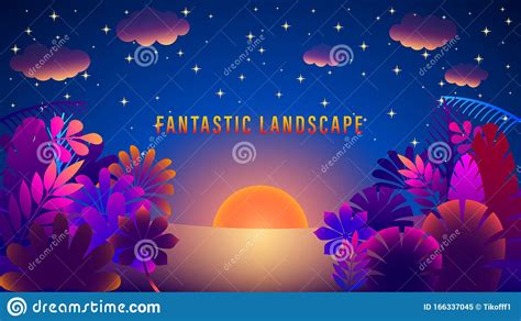 Fantastic Landscape Flat Stock Illustration Illustration