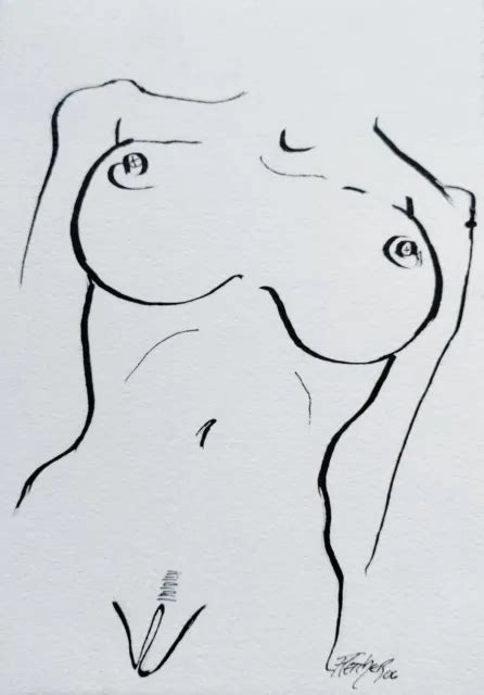 FEMALE NUDE DRAWING Pen Ink Line Drawing Beautiful Female Nude Shaved